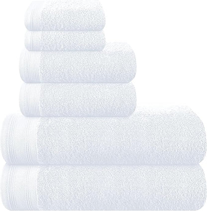 Ultra Soft 6 Pack Cotton Towel Set, Contains 2 Bath Towels 28x55 inch, 2 Hand Towels 16x24 inch & 2 Wash Coths 12x12 inch, Ideal Everyday use, Compact & Lightweight - White