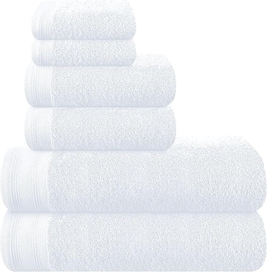 Ultra Soft 6 Pack Cotton Towel Set, Contains 2 Bath Towels 28x55 inch, 2 Hand Towels 16x24 inch & 2 Wash Coths 12x12 inch, Ideal Everyday use, Compact & Lightweight - White