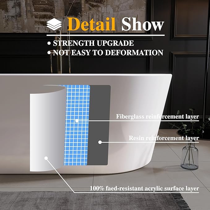 59" Acrylic Freestanding Bathtub, Free Standing Tub, Stand Alone Tub, Soaking Tub with Integrated Overflow and Drain, cUPC Certified, Gloss White