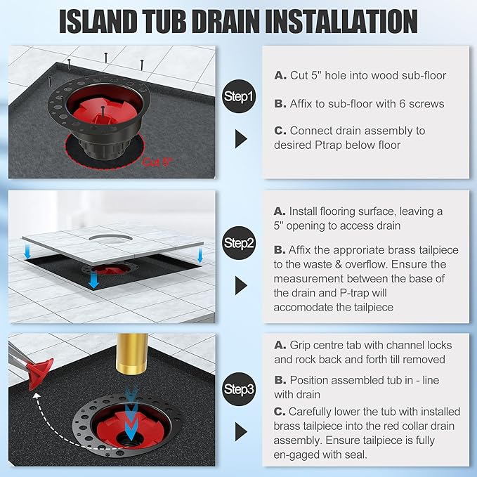 ABS Freestanding Tub Drain Kit, Bathtub Drain Rough-in Kit，Compatible with Freestanding Bathtubs, Floor Mounted Bathtubs and Island Bathtubs, with ABS Plastic Adapter and Brass Tail Pipes