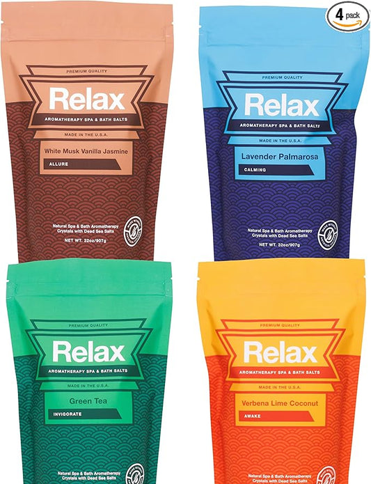 Relax Spa & Bath, Epsom & Dead Sea Salts, Aromatherapy Bath Salts for Hot Tub, Bath, or Spa, Infused with Magnesium, 4 Pack, Escape Therapy