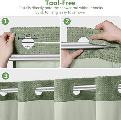 VANZAVANZU Hookless Shower Curtain with Mesh Top and Snap in Waterproof Liner, Waffle Weave, Weighted Magnets Hem, Machine Washable, 72 x 75 Inches – (Green)