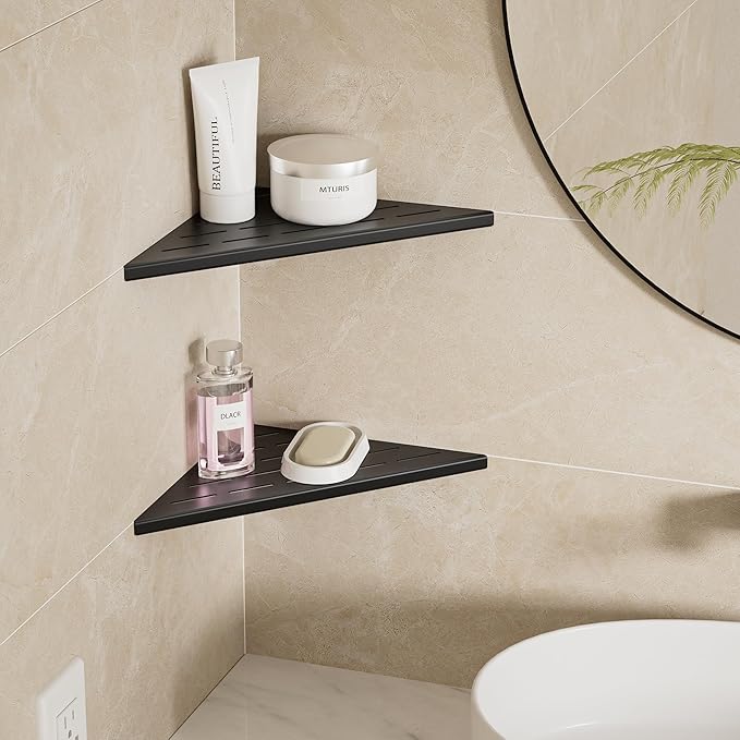 Neodrain 12 Inch Matte Black Corner Shelf Set of 2,Shower Shelves for Tile Wall Insert, 304 Stainless Steel Storage for Bathroom, No Drilling