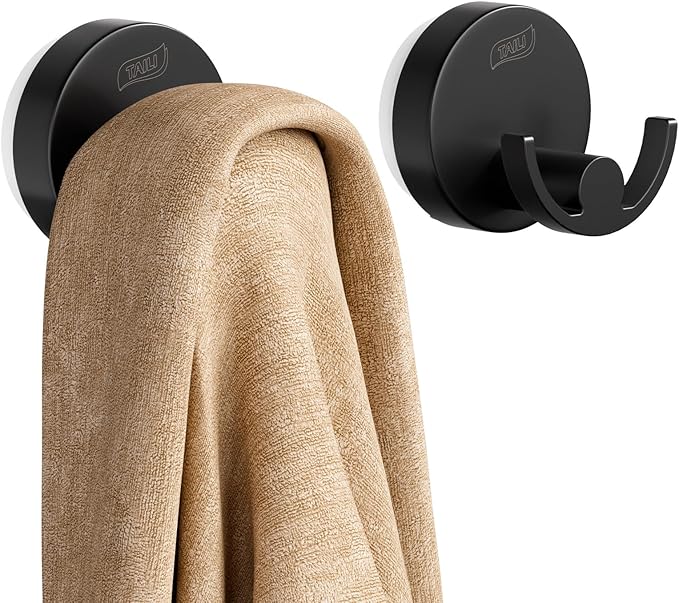 TAILI Stylish 304 Stainless Steel Bathroom Suction Hooks for Towel, Bathrobe, Loofah, No Damage Hanging Glass Shower Wall Hook, Patented Strong Suction Cup Holder, Hold Up to 11 Lbs, U-Cylinder Black
