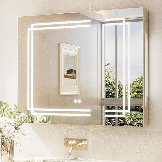 TokeShimi 36 x 30 LED Mirrored Medicine Cabinet with Defogger, 3 Colors Lighted Medicine Cabinet Tempered Stepless Dimming, CRI 80+, Memory Funtion, Wall Mount Bathroom Mirror with Storage