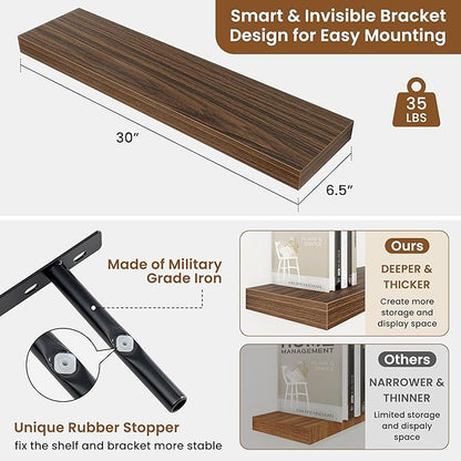 fuqing Floating Shelves for Wall, Wall Mounted Wood Floating Shelf with Invisible Brackets for Living Room, Bathroom, Bedroom, Kitchen Storage and Decor, 30 Inch Set of 2, Walnut
