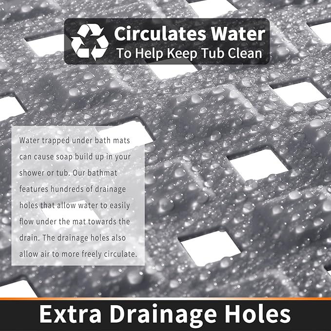 Yimobra Non Slip Bath Mat, Super Strong Suction Cups,34.5"x15.5"Long Tub Mat with Drain Holes, Machine Washable Fast Draining Shower Mats, Bathroom Essentials,Gray