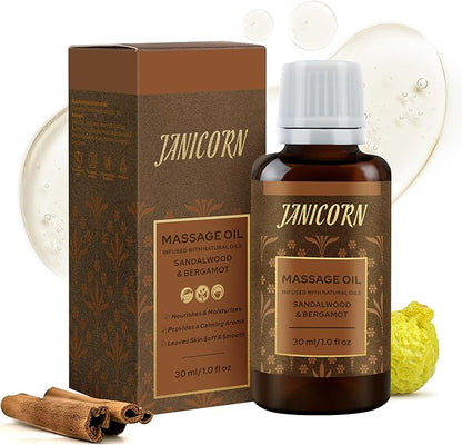 Sandalwood & Bergamot Aromatherapy Body & Massage Oil – Lightweight, Fast-Absorbing Hydration with a Woody-Citrus Essential Oil Aroma for a Refreshing Self-Care Experience, 1 fl oz / 30 ml