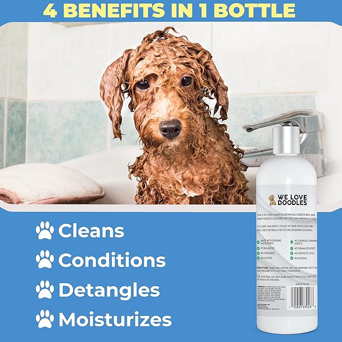 We Love Doodles 2 PACK Pet Rubber Bath Brush and Dog Shampoo (Bundle) - for Shower Scrubbing & Soothing Massage and Organic Dog Shampoo, Conditioner & Detangler - Made in The USA