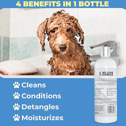 We Love Doodles 2 PACK Pet Rubber Bath Brush and Dog Shampoo (Bundle) - for Shower Scrubbing & Soothing Massage and Organic Dog Shampoo, Conditioner & Detangler - Made in The USA