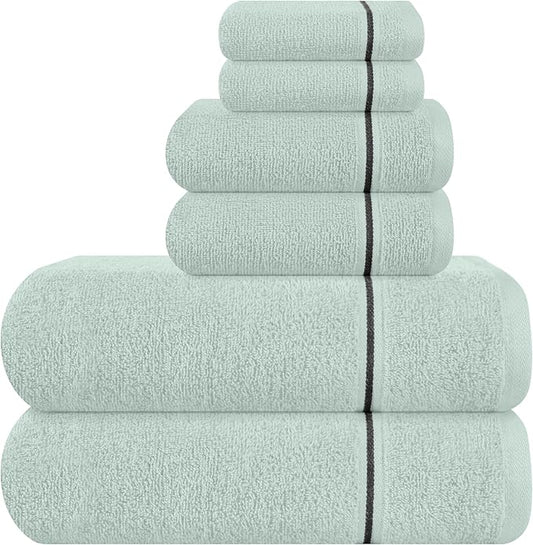 MyOwn Ultra Soft 6 Pack Cotton Towel Set, Contains 2 Bath Towels 28x55 inch, 2 Hand Towels 16x24 inch & 2 Wash Coths 12x12 inch, Ideal Everyday use, Compact & Lightweight - Sea Green