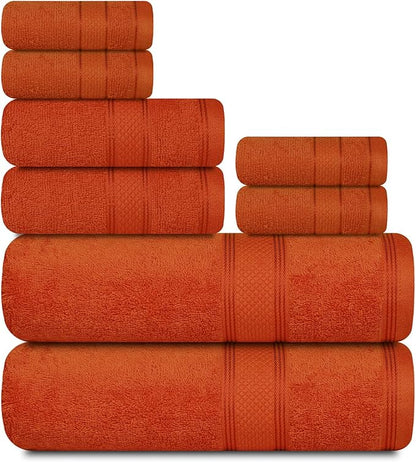 Casa Lino Bath Towel Set of 8 (2 Bath Towels, 4 Wash Cloths & 2 Hand Towels for Bathroom) - 100% Cotton - Highly Absorbent & Quick Dry - Guest Room Essentials for Bathroom Set - (Coral Orange)