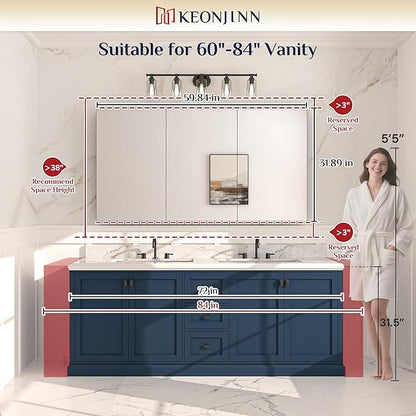 Keonjinn 60 x 32 Inch Medicine Cabinet, Assembly Required, Black Bathroom Medicine Cabinets Mirror, Lightweight, Adjustable Shelves, Surface Mount or Recessed, Tempered Glass