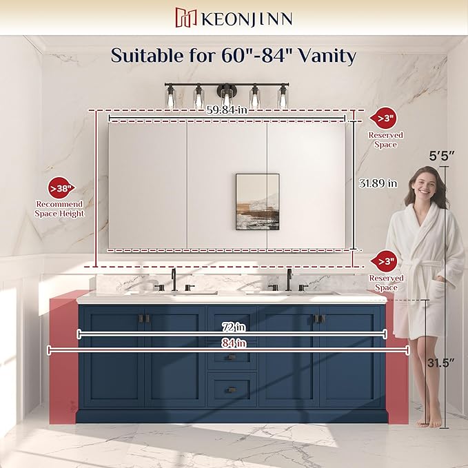 Keonjinn 60 x 32 Inch Medicine Cabinet, Assembly Required, Silver Bathroom Medicine Cabinets Mirror, Lightweight, Adjustable Shelves, Surface Mount or Recessed, Tempered Glass