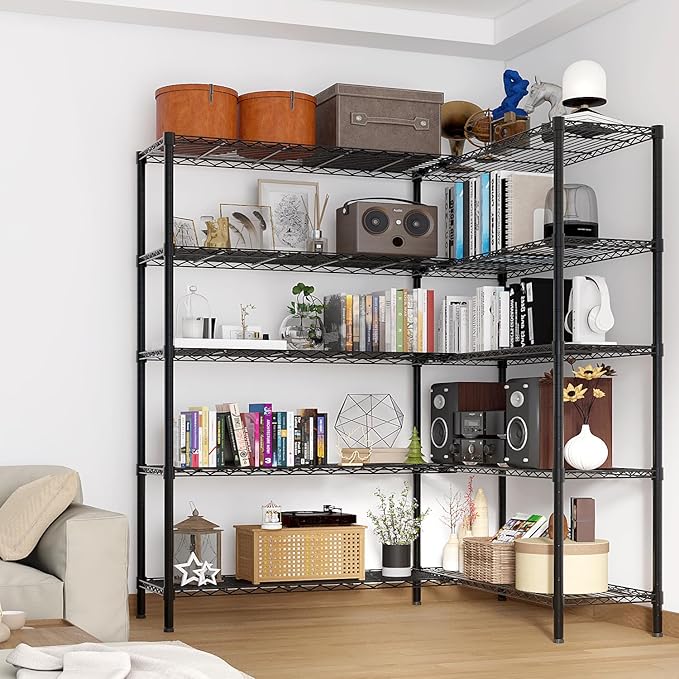 5 Tier Storage Racks Shelving, Heavy Steel Pantry Shelves, Adjustable Wire Shelving Rack, Suitable for Garage, Kitchens, Offices, 69.7" W x 16" D x 71" H, Black