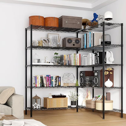 5 Tier Storage Racks Shelving, Heavy Steel Pantry Shelves, Adjustable Wire Shelving Rack, Suitable for Garage, Kitchens, Offices, 69.7" W x 16" D x 71" H, Black