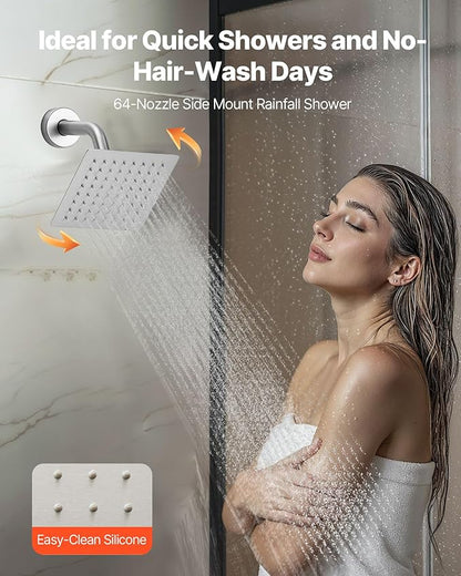 VEVOR Shower Faucet Set, 16 Inch Thermostatic Ceiling Mount Rainfall Shower System with 6 Inch Wall Mount Head, 6 Body Jets and Handheld Spray, Dual Rain Head Brass Valve and Trim Kit, Brushed Nickel