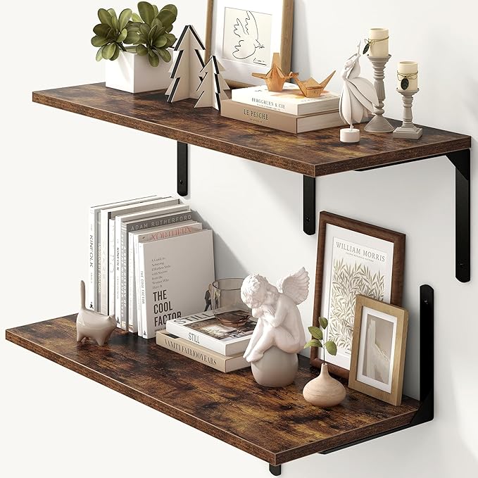 Fun Memories Rustic Brown 12 Inch Deep Floating Shelves Set of 2, Wall Mounted Shelf with Metal Brackets, Rustic Wood Wall Shelf for Bathroom, Kitchen and Living Room, Rustic Brown, 32W x 12D