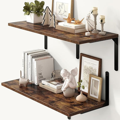 Fun Memories Rustic Brown 12 Inch Deep Floating Shelves Set of 2, Wall Mounted Shelf with Metal Brackets, Rustic Wood Wall Shelf for Bathroom, Kitchen and Living Room, Rustic Brown, 32W x 12D
