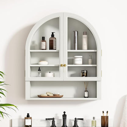 Arched Wall Cabinet with Acrylic Door, Large Wooden Wall Mounted Bathroom Cabinet, Modern Hanging Medicine Cabinet with Adjustable Shelf and Open Shelf, White