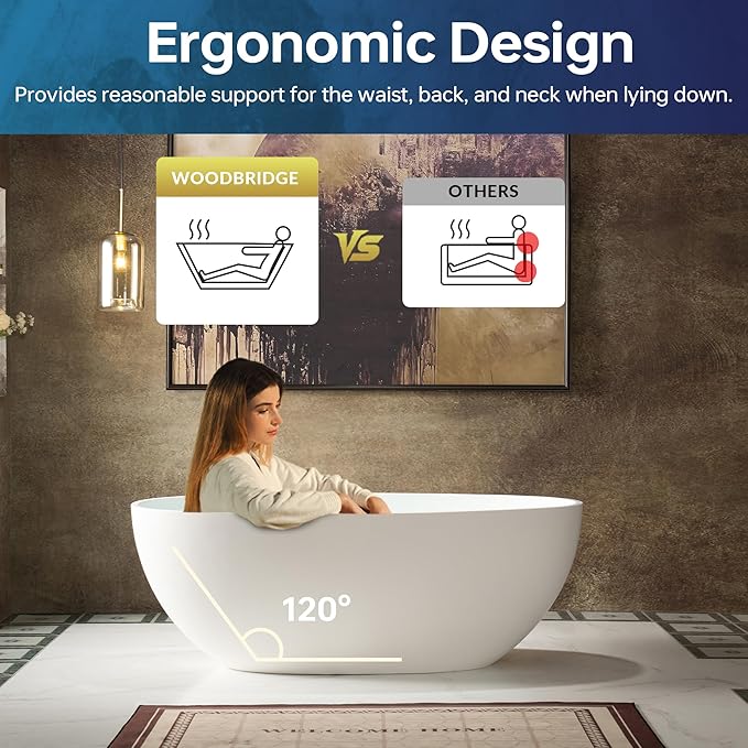 WOODBRIDGE 55 in. x 30.75 in. Stone Resin Luxury Contemporary Solid Surface Freestanding Bathtub in Matte White