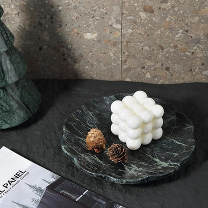 Koville Marble Tray, 8" Round Marble Vanity Tray for Jewelry Trinket Perfume, Natural Stone Tray for Bathroom Kitchen Dresser Countertop, Scalloped Decorative Tray for Home Table Decor(Green)