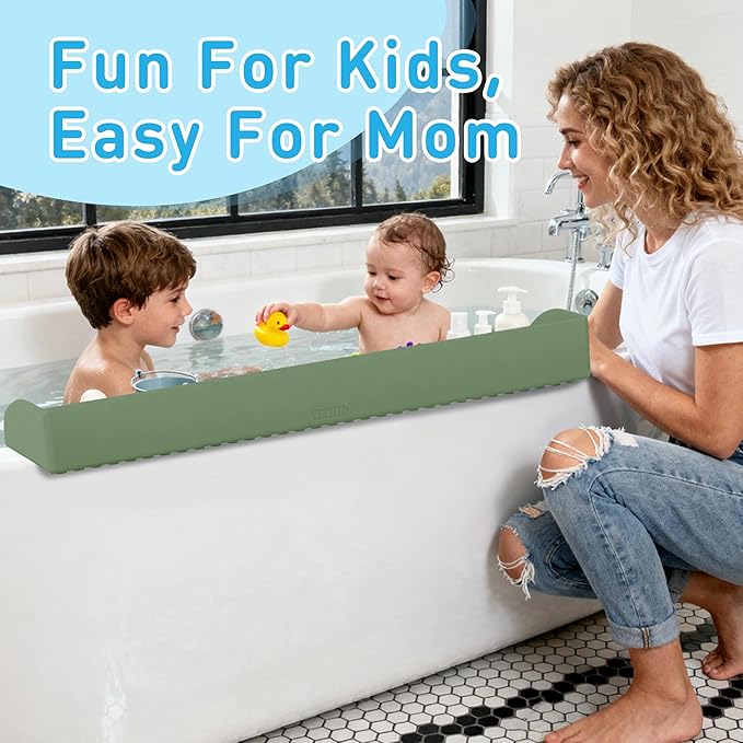 Roslim Bathtub Splash Guard for Tub - Silicone Bath Ledge for Toddlers, Tub Play Shelf for Kids with Suction Cups, Bathtub Side Tray for Bath Toys, Bathroom Accessories for Toddlers, Olive Green
