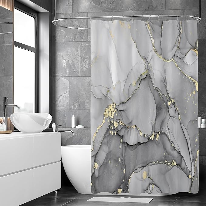 Grey Marble Shower Curtain, Modern Abstract Fabric Shower Curtains for Bathroom, Luxury Art Ink Texture Watercolor Shower Curtain Set with Hooks 72x72