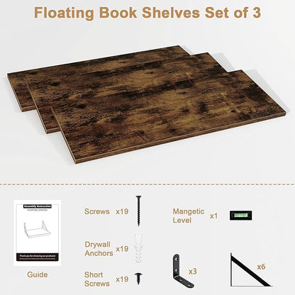 Fun Memories Floating Shelves for Wall, 36 Inches Long Set of 3 Wall Shelves for Bedroom, Floating Bookshelves with Metal Brackets for Living Room, Kitchen, Bedroom and Laundry Room (Rustic Brown)