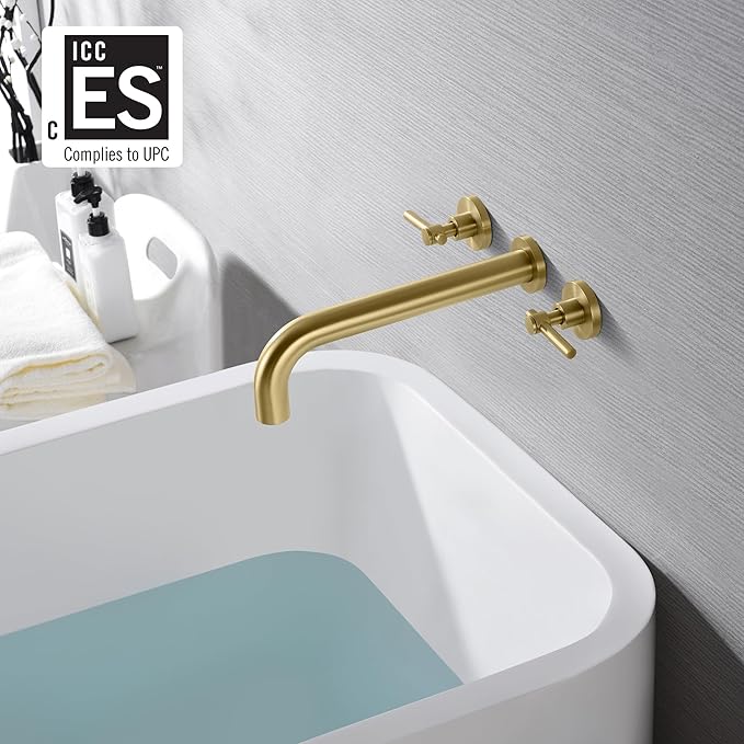 SUMERAIN Bathroom Wall Mounted Tub Filler Faucet Brushed Gold Bathtub Faucet Set with Brass Rough in Valve