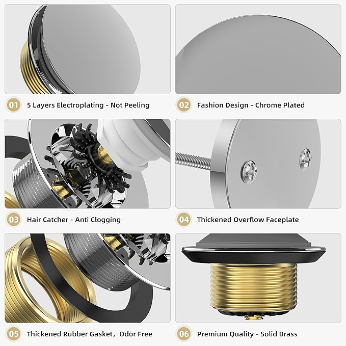 Chrome Plated Tub Drain Kit with Hair Catcher, Premium Brass Mushroom Tip-Toe Bathroom Tub Drain Replacement and 2-Hole Overflow Faceplate, 11.5/16 UNC Bathtub Drain Stopper Assembly