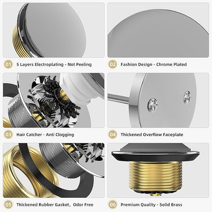 Chrome Plated Tub Drain Kit with Hair Catcher, Premium Brass Mushroom Tip-Toe Bathroom Tub Drain Replacement and 2-Hole Overflow Faceplate, 11.5/16 UNC Bathtub Drain Stopper Assembly