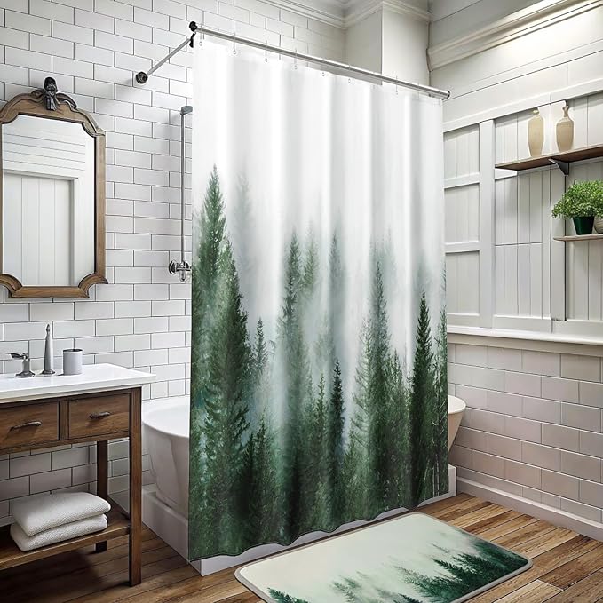 ORTIGIA 60x72 Misty Forest Stall Shower Curtain for Small Bathroom, Green Narrow Nature Woodland Shower Curtain Set with Hooks, Waterproof Fabric Pine Tree Fog Magic Home Bath Curtain