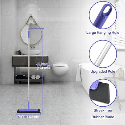 Floor Squeegee for Tile Floor and Shower Glass, Broom Rubber Blade with 48.4" Aluminum Long Handle, Water Blade Foam Pet Hair Wiper for Window Cleaning, Home, Garage, Bathroom, and Kitchen