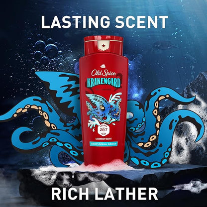 Old Spice Cleansing Body Wash for Men, 3X Defense, 24/7 Shower Fresh with Lasting Scent, 2-in-1 Body & Face Wash, Krakengard with Deep Ocean Scent, 24 oz (Pack of 4)