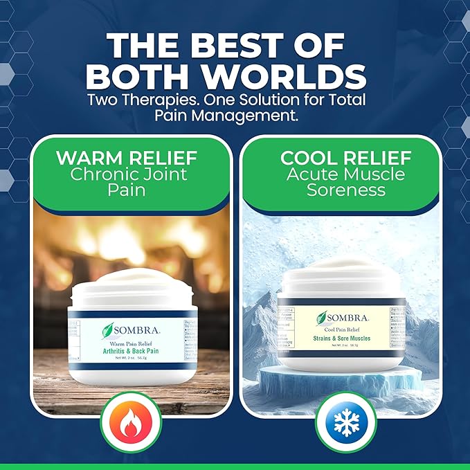 Sombra Warm & Cool Pain Relief Gel, Warm Relief for Arthritis and Chronic Pain Pre-Workout Muscle Rub, Cold for Swelling, Soreness, Post-Workout, Free of Artificial Fragrances, 2oz Per Jar