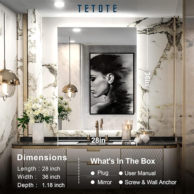 TETOTE 28 x 36 Inch LED Backlit Mirror Bathroom with Light,Anti-Fog,Dimmable,Lighted Mirror(Horizontal/Vertical) Wall Mounted Vanity Mirror