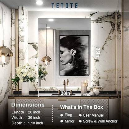 TETOTE 28 x 36 Inch LED Backlit Mirror Bathroom with Light,Anti-Fog,Dimmable,Lighted Mirror(Horizontal/Vertical) Wall Mounted Vanity Mirror