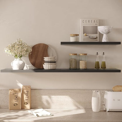 Wall Shelf Set of 3, Black Floating Shelves 24 in W x 10 in D x 1 in H, Wooden Floating Wall Shelf with Invisible Brackets for Living Room/Bedroom/Bathroom/Kitchen Storage and Decor
