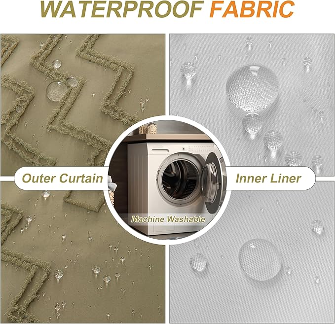No Hooks Shower Curtain with Snap-in Liner, Taupe Boho Fabric Tufted Chevron Striped Textured Shower Curtains for Bathroom, Water Repellent Hotel Quality Luxury Shower Curtain, 72Wx74H