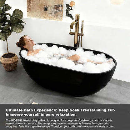 59" Premium Matte Black Solid Surface Freestanding Bathtub, Modern Design Stone Resin Bath Tub with Overflow and Pop-up Drain