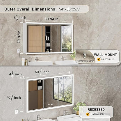 54x30 Beveled Lighted Medicine Cabinet with Mirror & Lights, Surface or Recessed Mirrored Medicine Cabinet with Outlet & Clock, Anti-Fog Dimmable LED Storage Cabinet, Built-in Sensor Light