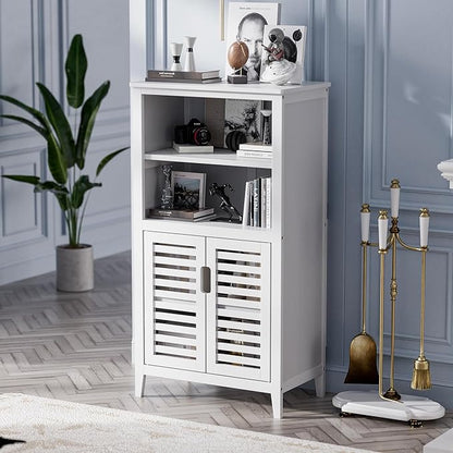 HITNET White Bathroom Cabinet, Bamboo Storage Cabinet Freestanding, Side Tall Storage Organizer for Kitchen Living Room Entryway