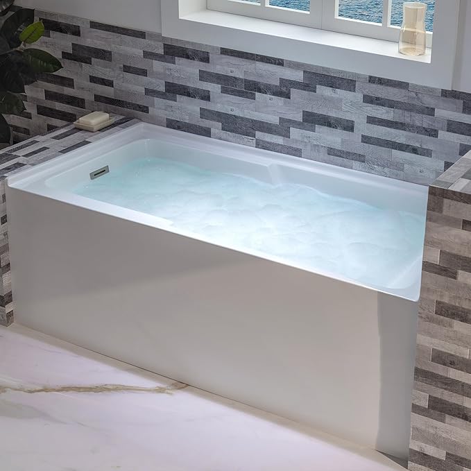 WOODBRIDGE 54" Acrylic Rectangular Alcove Soaking Bathtub in White with Left Drain, Brushed Nickel pop-UP Drain Included BA5430L