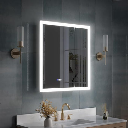 WELLFOR 30 x 32 Inch LED Medicine Cabinet with Lights, 3X Magnification Makeup Mirror, Bathroom Vanity Mirror Cabinet with Storage, Anti Fog, Surface or Recess Mount, Double Opening Door