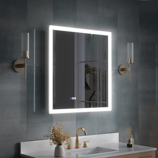 WELLFOR 30 x 32 Inch LED Medicine Cabinet with Lights, 3X Magnification Makeup Mirror, Bathroom Vanity Mirror Cabinet with Storage, Anti Fog, Surface or Recess Mount, Double Opening Door