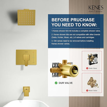KENES Brushed Gold Tub and Shower Trim Kit, Square Tub Shower Faucet Set Complete with 6-Inch Rainfall Shower Head and Tub Spout, KE-6025A-4 (Shower Valve Included)