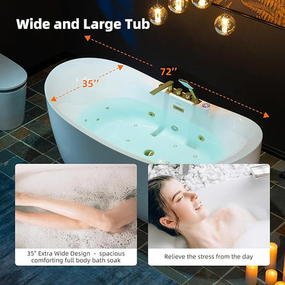 WOODBRIDGE 72" x 35-3/8" Whirlpool and Air Bath Heated Soaking Combination Tub with Adjustable Speed Air Blower and Display Control Panel, Brushed Gold Finish Trim and Drain Kit, BG400+F0045BG