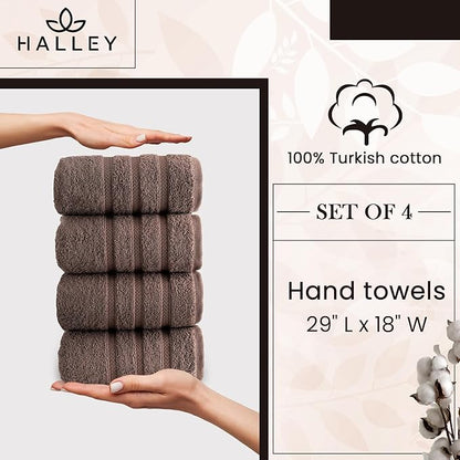 HALLEY Turkish 4 Pack Premium Hand Towels (4 Pieces) 650 GSM Highly Absorbent Super Soft 100% Cotton - 4 Hand Towels (Brown)