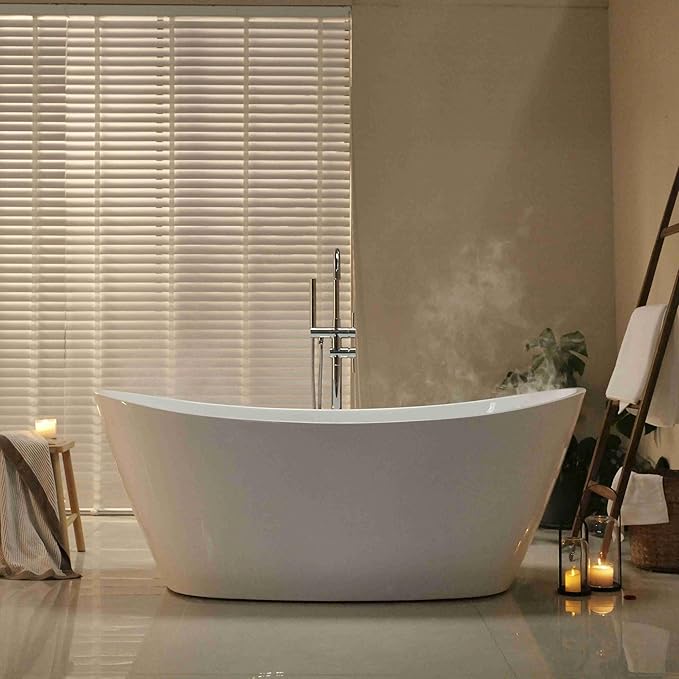 67" Luxury Freestanding Bathtub - Deep Soak Acrylic Tub for Master Bathroom, Modern Standalone Shower Tub with Overflow Drain, Non-Slip Flat Bottom Design, Spa Experience at Home,cUPC Certified